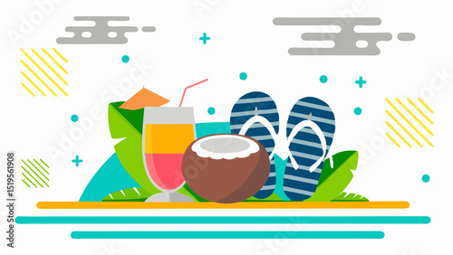 Tropical Beach Vacation Illustration Coconut Drink Flip Flops Palm Leaves Graphic Art for Summer Vibes and