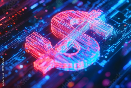 Digital dollar sign graphic on circuit board.