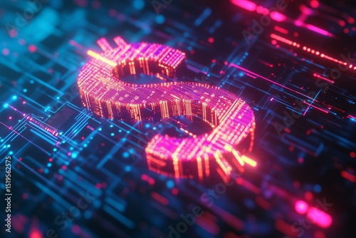 Digital dollar sign graphic on circuit board.