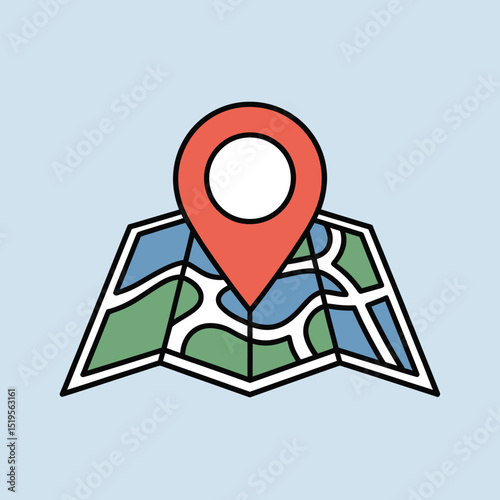 Simple illustration of a location map with a red location pin above a green and blue land area on a light blue background suitable for navigation
