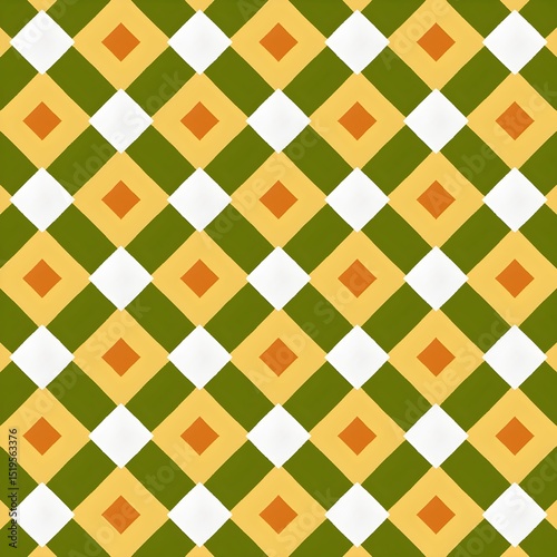 vintage-style diamond pattern in green, yellow, and white with small orange inner shapes, arranged in seamless grid