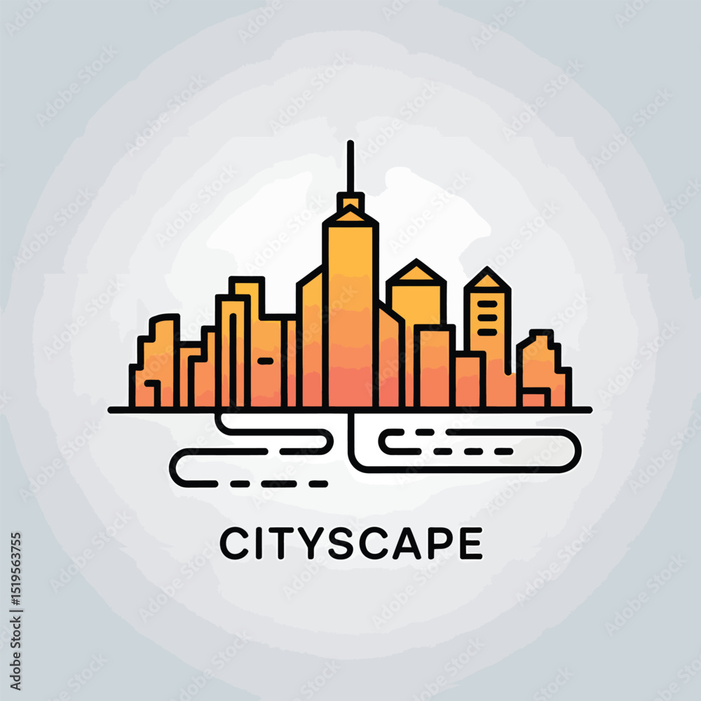 Fototapeta premium Stylized cityscape illustration depicting urban buildings with modern design elements in orange gradient color scheme perfect for logos and branding