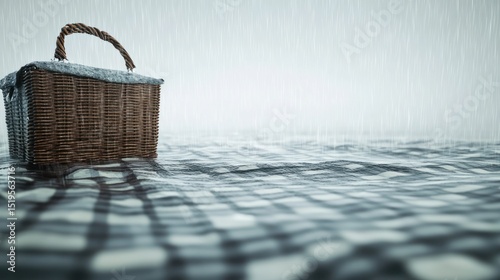 Wicker picnic basket on a checkered blanket sits in heavy, torrential rain