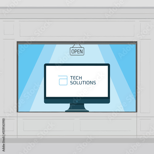 Tech solutions announcement represented on a window frame with an open sign and monitor displaying business services
