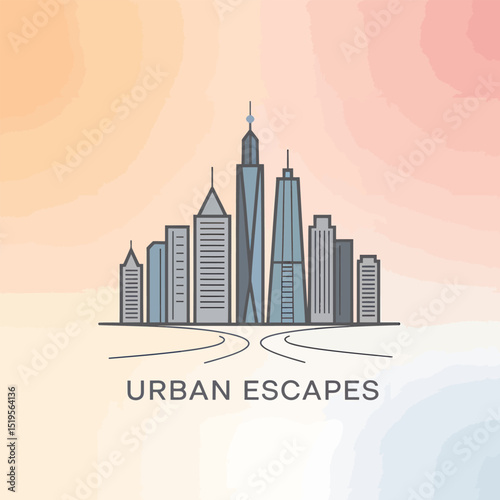 Vector illustration depicting modern cityscape skyline featuring skyscrapers and buildings suitable for business or urban travel themes with text urban escapes