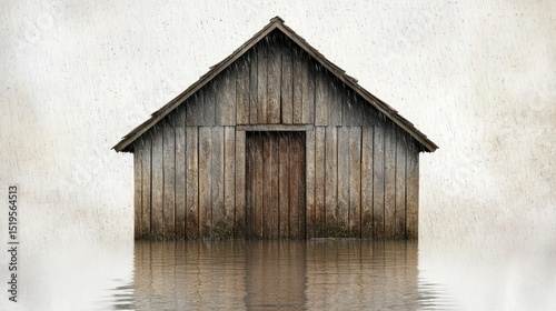 Weathered wooden shack sits solitary, almost submerged in rippling water, hazy background