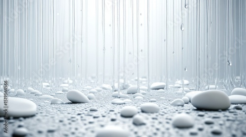 Abstract scene with smooth white stones and vertical lines on a light gray backdrop