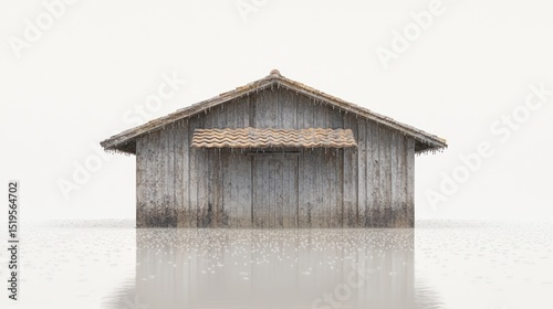 Weathered wooden shack sits partially submerged in water, reflecting on the surface