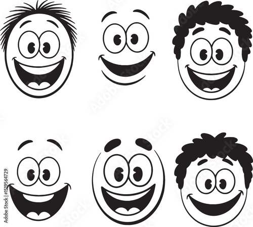 Six happy cartoon faces black and white illustrations