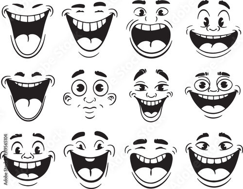 Twelve cartoon faces showing different expressions of joy