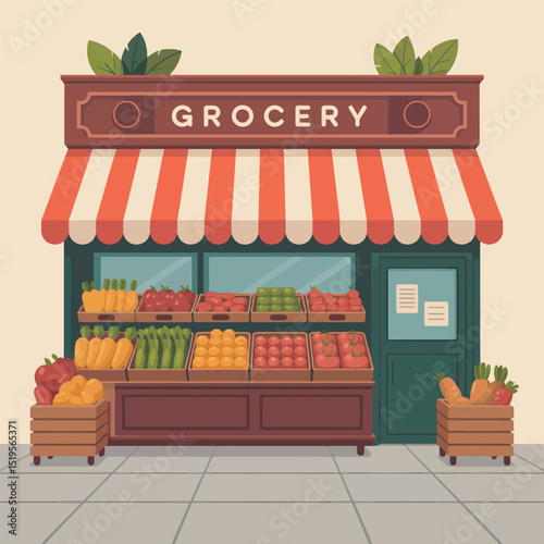 Whimsical illustration of a grocery store displaying fresh produce for healthy food choices and sustainable shopping in a charming setting