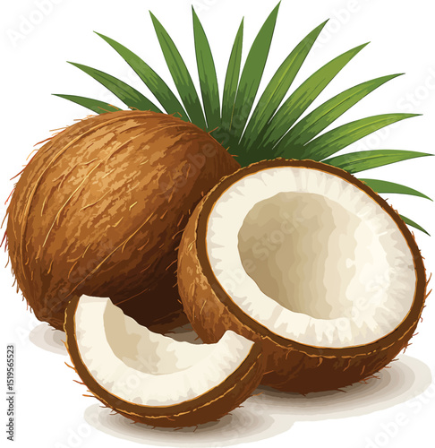Fresh Coconut Cut Open – Exotic Nut with White Flesh Vector