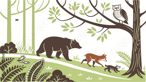 Wild Animals in Forest Habitat - bears, foxes, owls in vector design