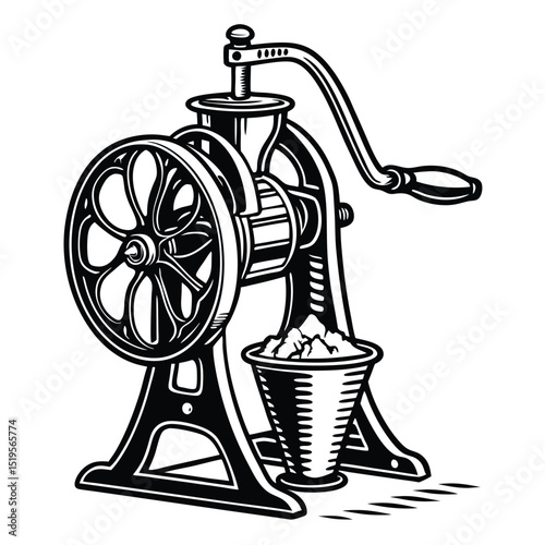 An antique ice crusher illustration with a classic design in black and white