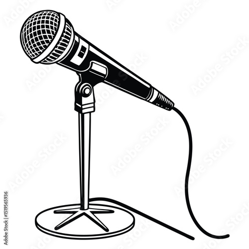 Black and White Graphic Illustration of a Classic Microphone on Stand