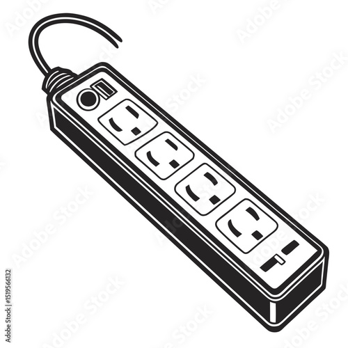 Black and white illustration of a power strip with multiple outlets