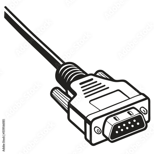 Black and white illustration of a serial cable with nine pin connector