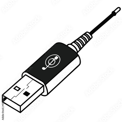 Black and white illustration of a USB adapter with music note icon