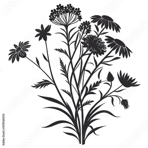 Botanical Illustration of Wildflowers and Foliage in Black and White Silhouette