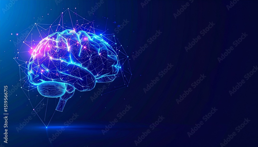 Digital glowing brain with neural network and technology lines on dark background Digital glowing brain with neural network and technology lines on dark background
