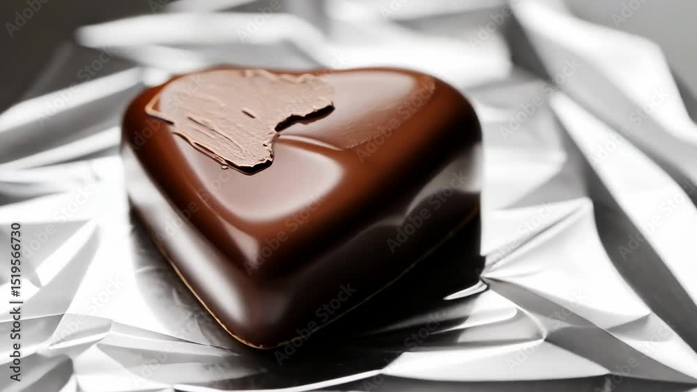 Heart-shaped dark chocolate rests on crinkled foil, adorned with a smaller heart-shaped chocolate smear