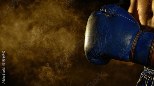 Close-up of a blue boxing glove with smoke.