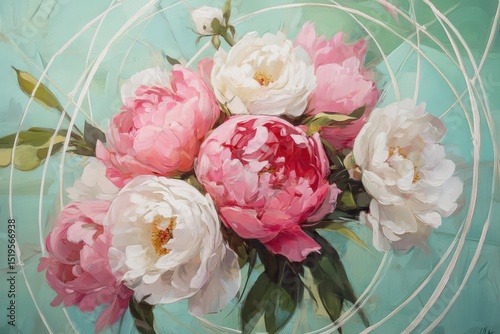 Vibrant bouquet of peonies in soft pastels.