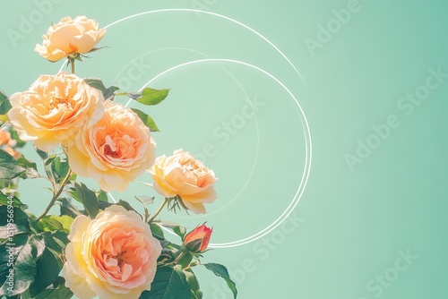 Delicate peach roses bloom in a soft pastel background.