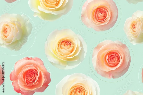 Floral pattern of various shades of roses on a mint green background.