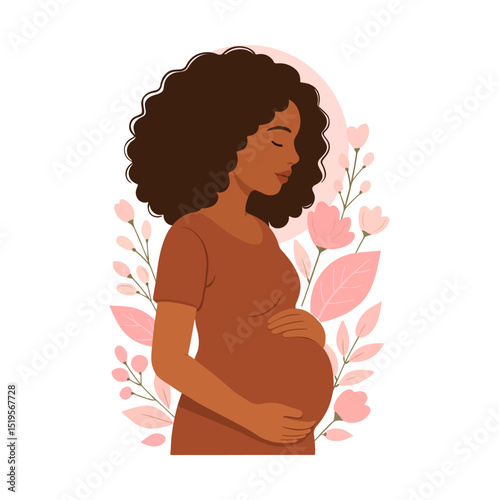 Pregnant black woman with curly hair in brown dress surrounded by soft pink leaves and flowers in flat pastel illustration