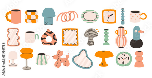 Dopamine decor set. A colorful set of fun and modern home decor mugs, vases, mirrors, lamps, clocks, and playful shapes. The style is soft, round, and cute with happy colors and bold lines.
