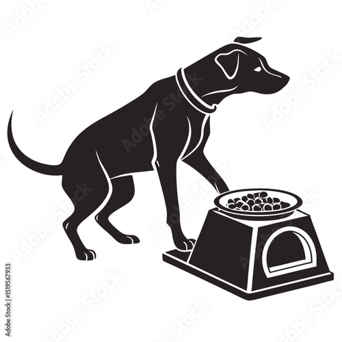 Hungry dog silhouette wants to eat from the dog food bowl on stand