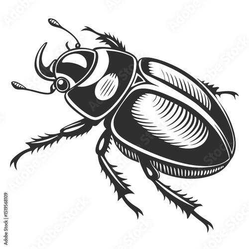 Intricate black and white illustration of a beetle with detailed legs