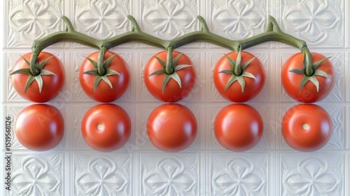 A row of five red tomatoes on a vine with five more under it, over tile design
