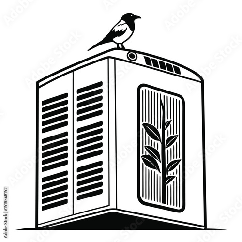 Magpie atop a decorated appliance, showcasing nature and industrial elements, monochrome style