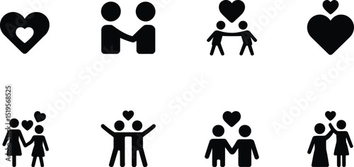 A collection of black and white icons depicting relationships and love on a white background plain style