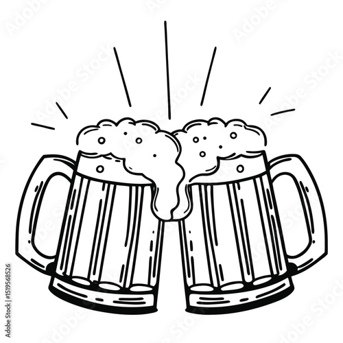 Two Beer Mugs Clinking Together in a Hand Drawn Style