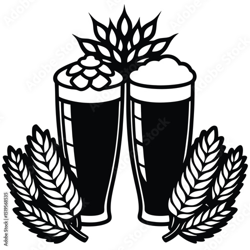 Two beer glasses with foam and wheat in black and white