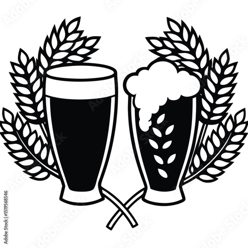 Two Beer Glasses with Wheat Illustration in Black and White Style