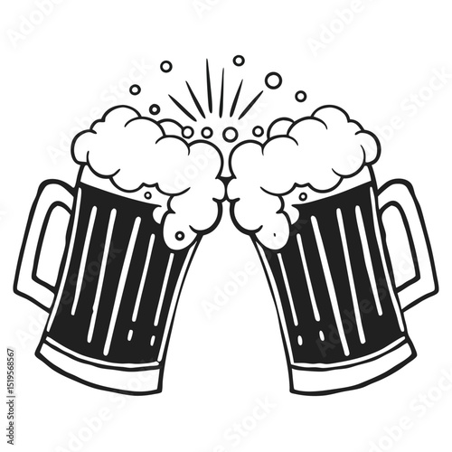 Two beer mugs toasting with foam and bubbles in black and white