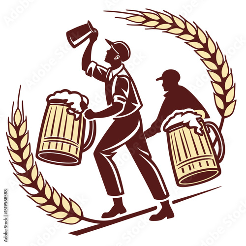 Beer Delivery Men Balancing with Mugs Surrounded by Wheat Stalks