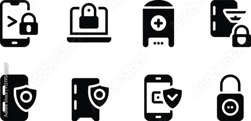 A collection of eight black and white icons depicting security measures on different devices and systems