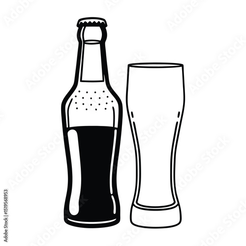 Black and white illustration of a beer bottle and glass