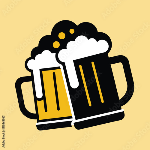 Two mugs of beer with foam in a simple vector style