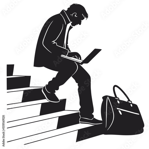 Silhouette of a professional working on a laptop while sitting on stairs