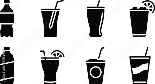 Various black and white drink icons including bottles and glasses with straws and lemon slices arranged nicely