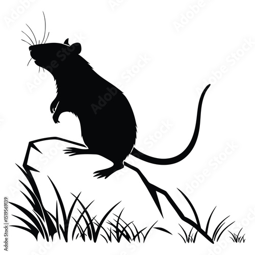 Silhouette of a rat on a rock surrounded by grass illustration