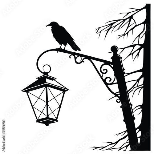 Silhouette of a Raven Perched on an Ornate Street Lamp with Bare Tree