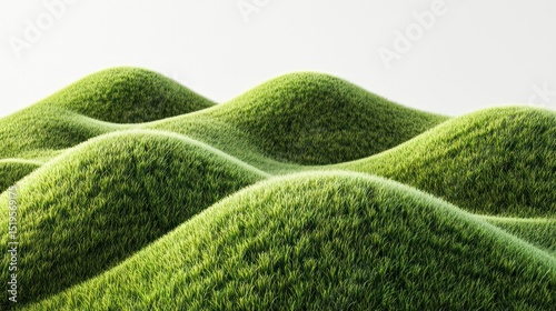 Rolling hills covered in bright green grass. Soft texture, bright lighting, landscape
