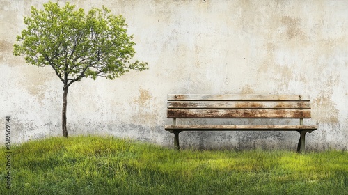 Solitary tree and bench on grass against mottled wall in a tranquil outdoor setting